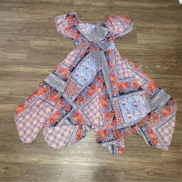 Rabbit Rabbit Rabbit Short Sleeve Fit & Flare MIDI Printed Dress Red Blue Sz 10 - Picture 2 of 11